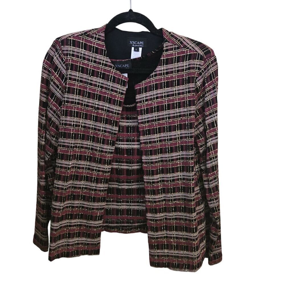 Vintage Xscape Unique Plaid Burgundy Gold Glitter Twin Set Blazer Tank Size L